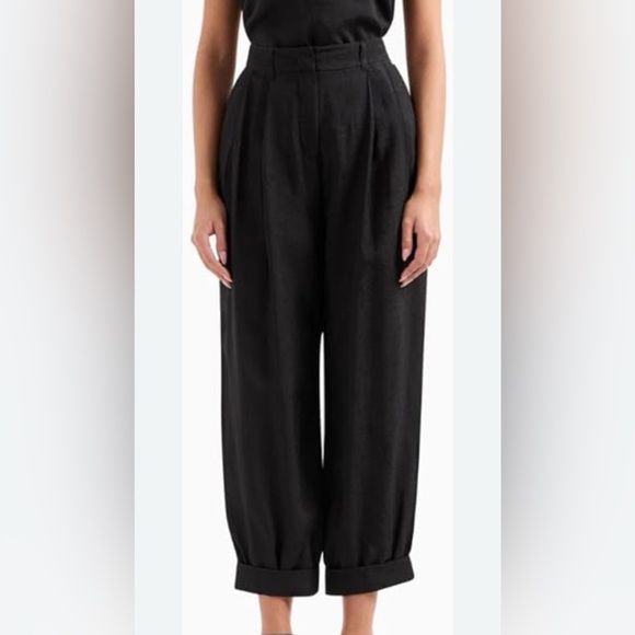 Vintage Carole Little Black Linen High Rise Pleated Elastic Waist Pants - Picture 1 of 11